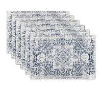 Navy Blue Gray Boho Placemats Set of 6 Ethnic Bohemian Carpet Place Mats Washable Kitchen Dining Vintage Grey Geography Floral Linen Table Mats Stain Heat-Resistant for Home Party Indoor 12x18 in