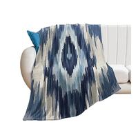 Navy Blue Grey And Beige Ikat Pattern Print Throw Blanket - Warm Comfy Super Soft & Plush Flannel Throws for Bed Couch Sofa Office - Lightweight Cozy Fuzzy Blankets for Kids Women Men 40x50in