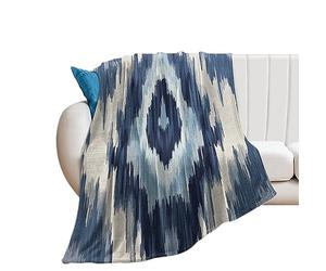 Navy Blue Grey And Beige Ikat Pattern Print Throw Blanket - Warm Comfy Super Soft & Plush Flannel Throws for Bed Couch Sofa Office - Lightweight Cozy Fuzzy Blankets for Kids Women Men 40x50in