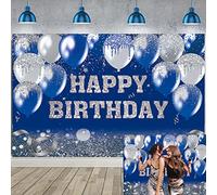 Navy Blue Happy Birthday Backdrop Blue Silver Glitter Balloon Bokeh Photography Background for Kid Women Man Birthday Party Decoration Background 7X5FT(210x150cm))