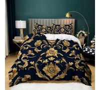 Navy Blue King Duvet Cover, Floral Baroque Printed Bedding Sets, Soft Microfiber Quilt Cover 230x220 cm and 2 Pillowcases 50x75 cm with Zipper Closure for Teens and Adults