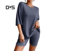 (navy blue, L) 2 Pcs/Set Women Summer Tracksuit Round Neck Short Sleeves Thin Top American Style High Waist Shorts Set Sport Outfit Summer Yoga Clothes