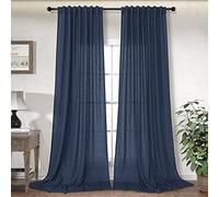 Navy Blue Linen Curtains 108 Inches Long for Living Room 2 Panels Back Tab Pocket Ceiling Draperies Semi Sheer Cotton Textured Dark Blue Boho Curtain for Bedroom Large Window Vertical Masculine 52x108