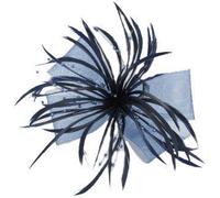 NAVY BLUE LOOPED MESH BOW HAIR FASCINATOR WITH SPLIT FEATHERS AND SPRAYS OF BEADS ON SINGLE PRONG SPRUNG ALLIGATOR CLIP / PIN FOR BUTTONHOLE