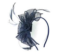 Navy blue Looped sinamay and feather fascinator on a satin fabric aliceband.