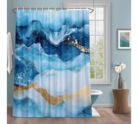 Navy Blue Marble Shower Curtain with 12 Hooks Ocean Modern Art Abstract Gold Texture Ombre Waterproof Fabric Shower Curtains Sets for Bathroom Bath Decorations, Machine Washable, 36"x72"