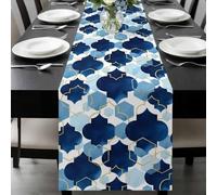 Navy Blue Moroccan Table Runner 13x120 Inches Long Abstract Gradient Gold Blue Geometric Cotton Linen Table Runner Burlap Style for Dinner Table Party Decor Tabletop Decorations