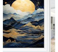Navy Blue Mountains Window Film Decorative Abstract Golden Moon Nature Landscape Stained Glass Window Film Sun Blocking Heat Control No Glue Window Covering Film for Home Office 60 x 90 cm