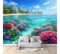 Navy Blue Mural Wallpaper 3D DIY Beautiful Ocean Fish Coral Reef Wall Decal Art Murals, Kids Room Gift Stick on Wall for Living Room Bedroom Restaurant Home Decor - 250 x 175 cm