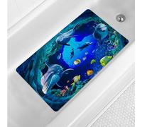 Navy Blue Non Slip Bath Tub Mat Ocean Shower Mat Non-Slip Cute Dolphin Blue Sea Ocean Fish Bathtub Mats with Suction Cups and Drain Holes Bathroom Soft Showermat 15"x27"