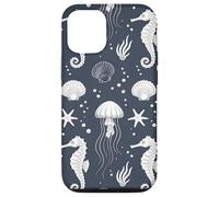Navy Blue Ocean Seahorse Jellyfish Pattern Case for iPhone 12/12 Pro