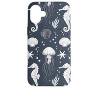 Navy Blue Ocean Seahorse Jellyfish Pattern Case for iPhone 16 Plus