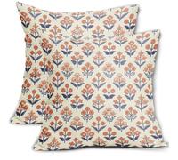 Navy Blue Orange Floral Block Print Pillow Covers 18x18 Inch Set of 2, Fall Vintage Flower Pattern Decorative Throw Pillowcases Outdoor Farmhouse Cushion Covers Seasonal Rustic Sofa Couch Bed Decor