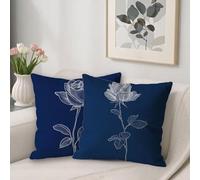 Navy Blue Outdoor Cushions Covers 80 x 80 cm Sofa Cushions Rose Breathable Velvet Square Pillow Cases Decorative Pillows Pack of 2, with Invisible Zipper, Double-Sided Printing, for Room Decor V-30