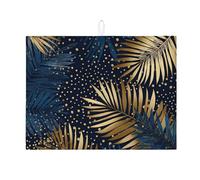 Navy Blue Palm Leaf Dish Drying Mats For Kitchen Counter, Gold Dot Absorbent Dish Drainer Rack Mat, Tropical Microfiber Drying Pad For Coffee Bar 18x24 Inch