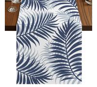 Navy Blue Palm Leaves Table Runner, Summer Botanical Tropical Plant Rustic Cotton and Table Linen Runner for Kitchen Dining Home Decor for Party Festival Holiday Decoration Gift 18x72in
