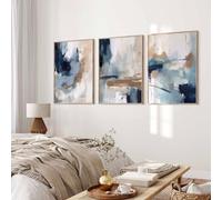 Navy Blue Pictures Wall Art Abstract Modern Painting Canvas Brown Watercolor Wall Art Decor Abstract Blue Poster Minimalist Graffiti Prints Artwork for Living Room 24x36 Inch Unframed Set of 3