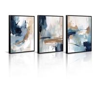 Navy Blue Pictures Wall Art Abstract Modern Painting Canvas Brown Watercolor Wall Art Decor Abstract Blue Poster Minimalist Graffiti Prints Blue Artwork for Living Room 16x24 Inch Framed Set of 3