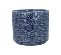 Navy Blue Plant Pot - Medium, Glazed Trellis Geometric Flower Pattern Stoneware Houseplant Cover, Indoor Succulent Planter, Medium Dark Blue Flower Pot Cover