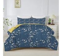 Navy Blue Plum Blossom Super King Duvet, Reversible Coverless Yellow Branches Duvet Super King Size, Anti Allergy Bed Quilt 7.5 Tog for All Seasons - 1 Soft Comforter Bedding with 2 Pillowcases - B90