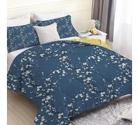 Navy Blue Plum Blossoms King Size Duvet, Reversible Coverless Yellow Branch Plants Duvet King Size, Anti Allergy Bed Quilt King 7.5 Tog for All Seasons - 1 Soft Comforter Bedding with 2 Pillowcases