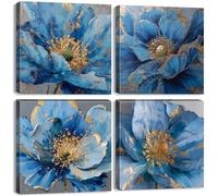 Navy Blue Poppy Canvas Wall Art Abstract Flower Pictures for Bathroom Walls Watercolor Blossom Peony Floral Theme Painting Elegant Aesthetic Room Decor Modern Botanical Prints Grey Artwork 12x12" 4PCs