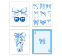 Navy Blue Posters Prints Set Of 4, Bow Cherry Picture Prints Wall Art Decor For Bedroom Living Room College Dorm, Preppy Room Decorations, Blue Coquette Home Wall Decor, 8x10 Inches Unframed -07