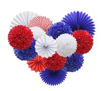 Navy Blue Red White Hanging Paper Party Decorations, Round Paper Fans Pom Poms Flowers Set for 4th of July Day Patriotic Decorations Birthday Wedding Graduation Baby Shower