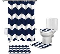 Navy Blue Ripple Waves Shower Curtain Set with Bath Mat U Shaped Contour Mat Toilet Seat Cover and 12 Shower Hooks