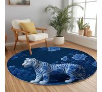 Navy Blue Round Area Rug 120 cm, Animal Tiger Flower Washable Circle Rugs Bedroom Round Area Rug Short Pile Anti Slip Carpet for Dining Room Kids Room Hallway