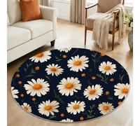 Navy Blue Round Children's Rug, 180 cm Soft Traditional Botanical Daisy Floral Carpet - Machine Washable Non-Slip Floor Circle Mats for Dining Room Sunroom Bedroom