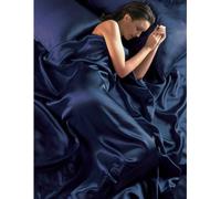 Navy Blue Satin Super King Duvet Cover, Fitted Sheet & 4 Pillowcases Bedding Set