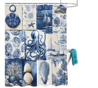Navy Blue Shower Curtain for Bathroom, Ocean Octopus Shell Sailing Ship Patchwork Retro Waterproof Cloth Fabric Bathroom Accessories Set with 12 Rust Proof Plastic Hooks, 60” x 72”