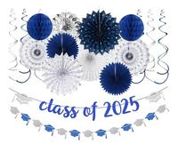 Navy-Blue Silver Party-Decorations Graduation Banner-Streamers - 18pcs Kits Class of 2025 Garland, Paper Tissue Pom Poms Fan, Honeycomb Lanterns Congrate Grad Congratulations Decor Panduola