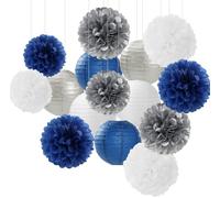 Navy-Blue Silver Party-Decorations Paper-Flowers Lanterns - 15PCS Birthday Royal White Wedding Tissue Pom Poms Streamers,Baby Bridal Shower Bachelorette Graduation Hanging Supplies Decor Hugfond