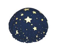 Navy Blue Sky And Star Print Shower Cap, Lined Shower Cap For Women Reusable, Double Layer Waterproof Bath Cap