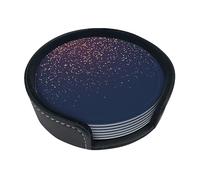 Navy Blue Sky And Stars Coasters For Drinks, 6 Pcs Leather Coaster With Holder, Round Cup Mat Pad Set For Home And Kitchen 3.9 Inches