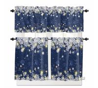Navy Blue Snowflake Christmas Kitchen Curtains Set Small Half Curtains 24 Inches Length, Xmas Winter Snowflake Rod Pocket Window Treatment, Modern Art Bedroom Tiers and Valance Set for Cafe Bathroom