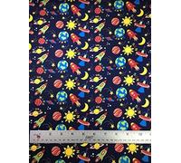 Navy Blue Space Main - 1 Metre Quilting Fabric Space Astronauts Planets Kids Material Patchwork 100% Cotton Tight Woven Rocket Launcher Printed Quilting Fabric 112cm Width
