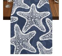 Navy Blue Starfish Table Runner, Coastal Summer Ocean Beach Nautical Modern Cotton and Table Linen Runner for Kitchen Dining Home Decor for Party Festival Holiday Decoration Gift 13x60in