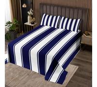 Navy Blue Stripe Bedspread Double Size, Stripes Lines Patchwork Coverlet Set 3pcs, Abstract Geometric White and Navy Quilted Coverlet with 2 Pillowcases, Kids Boys Teen Room Decor, Soft Bedding Quilt