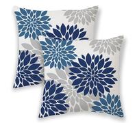 Navy Blue Summer Outdoor Pillow Covers 18x18 Inch 2 Pcs, Dusty Blue Grey Geometric Elegant Dahlia Floral Decorative Throw Pillows, Seasonal Flower Decor Pillowcase Linen Cushion Cover for Couch