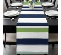 Navy Blue Table Runner 16x72 Inches Long and Green Stripe Abstract Geometric Striped Cotton Linen Table Runner Burlap Style for Dinner Table Party Decor Tabletop Decorations