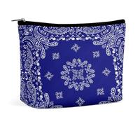Navy Blue Traditional Paisley Bandana Pattern Portable Cosmetic Bag Multifunction Storage Pouch PU Makeup Bag, Stationery Organizer with Zipper for Reunion Office
