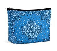 Navy Blue Traditional Paisley Bandana Pattern Portable Cosmetic Bag Multifunction Storage Pouch PU Makeup Bag, Stationery Organizer with Zipper for Reunion Office