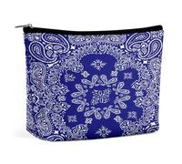 Navy Blue Traditional Paisley Bandana Pattern Portable Cosmetic Bag Multifunction Storage Pouch PU Makeup Bag, Stationery Organizer with Zipper for Reunion Office
