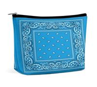 Navy Blue Traditional Paisley Bandana Pattern Portable Cosmetic Bag Multifunction Storage Pouch PU Makeup Bag, Stationery Organizer with Zipper for Reunion Office