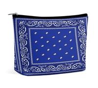 Navy Blue Traditional Paisley Bandana Pattern Portable Cosmetic Bag Multifunction Storage Pouch PU Makeup Bag, Stationery Organizer with Zipper for Reunion Office, Style