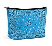 Navy Blue Traditional Paisley Bandana Pattern Portable Cosmetic Bag Multifunction Storage Pouch PU Makeup Bag, Stationery Organizer with Zipper for Reunion Office