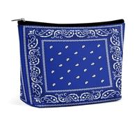 Navy Blue Traditional Paisley Bandana Pattern Portable Cosmetic Bag Multifunction Storage Pouch PU Makeup Bag, Stationery Organizer with Zipper for Reunion Office, Style